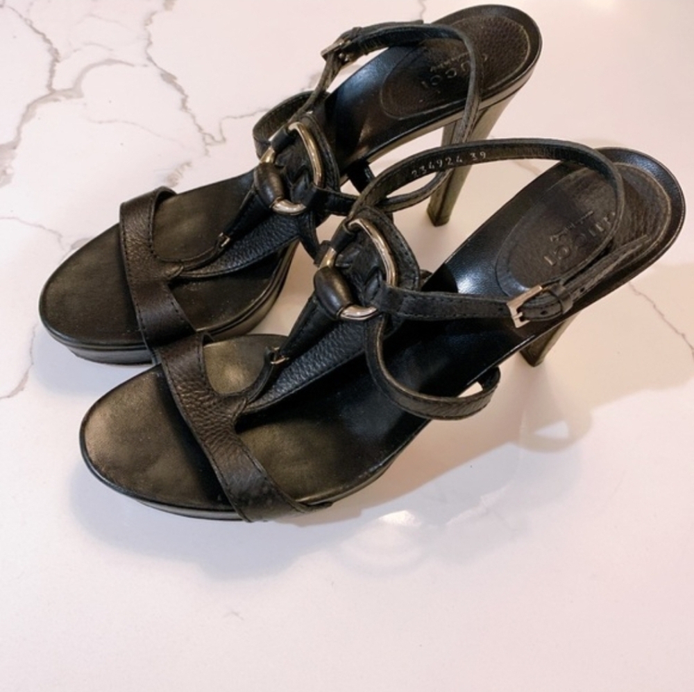 Gucci Black Textured Leather Horsebit T-Bar Ankle Strap Sandals Heels, 39 Or 9 - Picture 3 of 5
